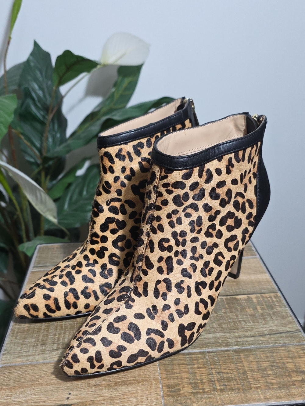 Adrienne Vittadini Leopard Print Pointed-Heel Ankle Booties Black Trim Zipper 8
